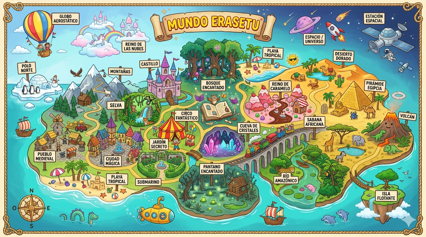 Mapa del Mundo Erasetu con las regiones donde transcurren los cuentos personalizados